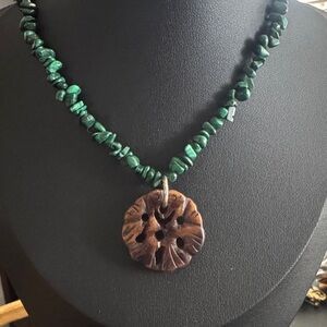 Malachite Stone Chip Necklace with Brown Carved Jade Pendant